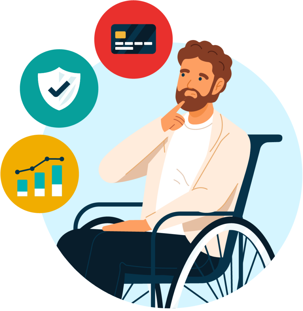 illustration of man in wheelchair with banking icons around him