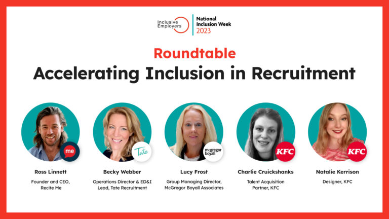 Roundtable: Accelerating Inclusion in Recruitment. Headshots of the panellists and National Inclusion Week logo