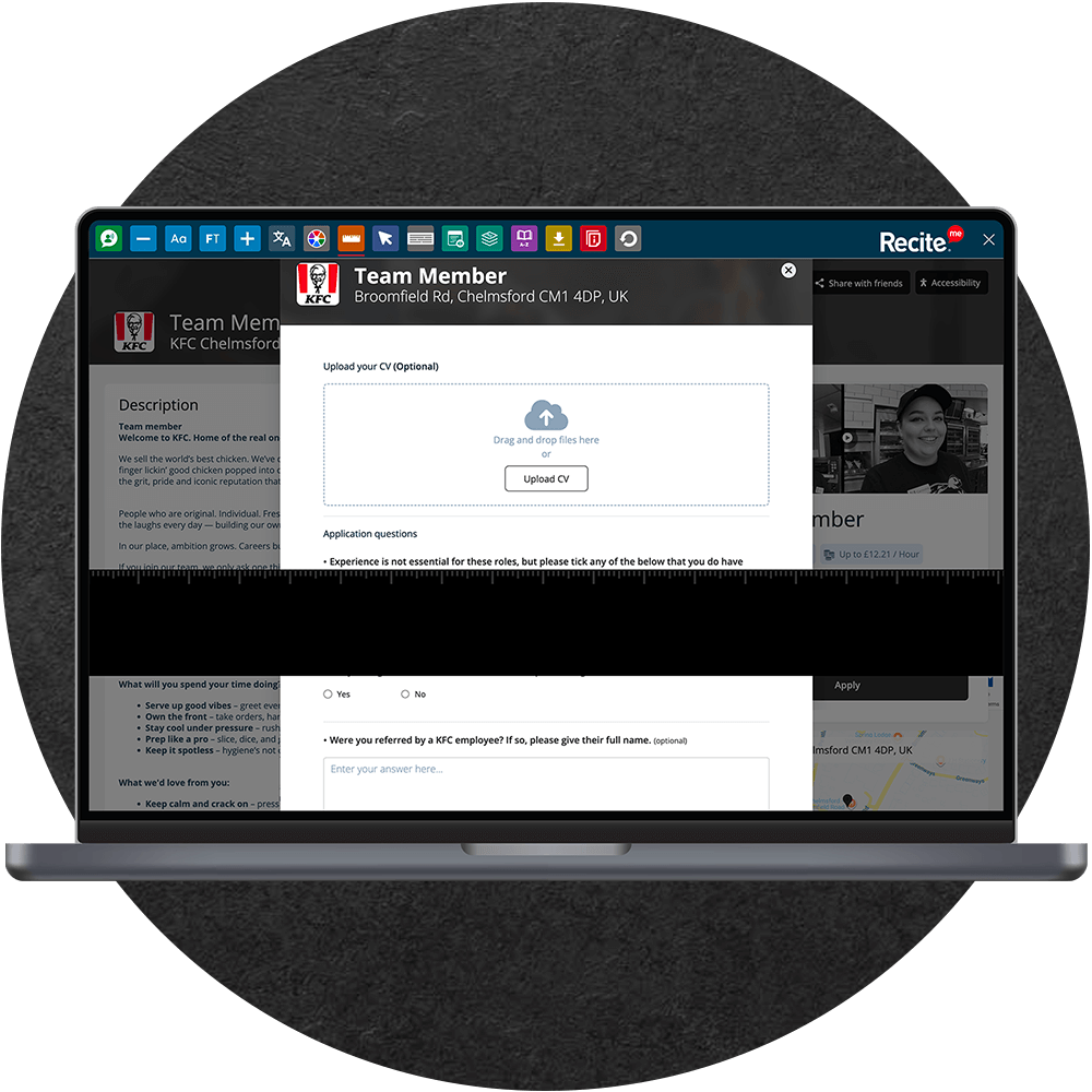 Mock-up of the Recite Me Toolbar on the KFC Careers website.
