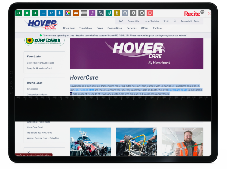 Hove Travel website open on a tablet with the Recite Me toolbar launched