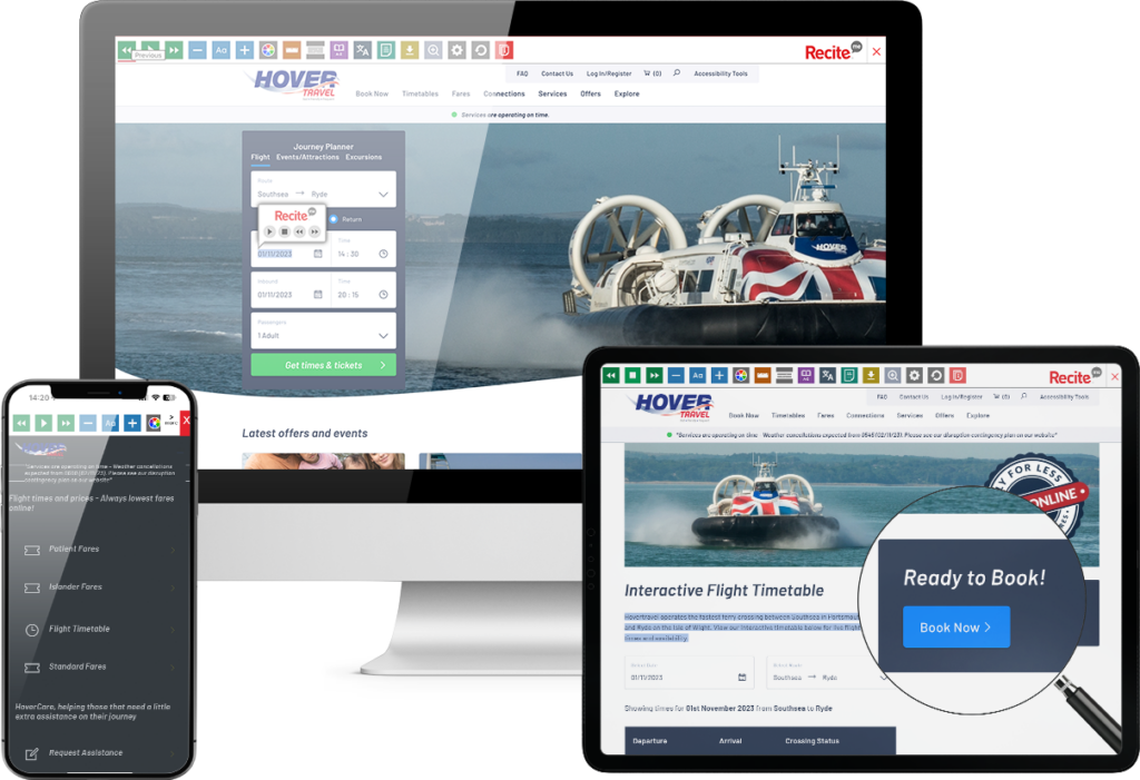 Mock-up of the Recite Me toolbar being used on the Hovertravel website