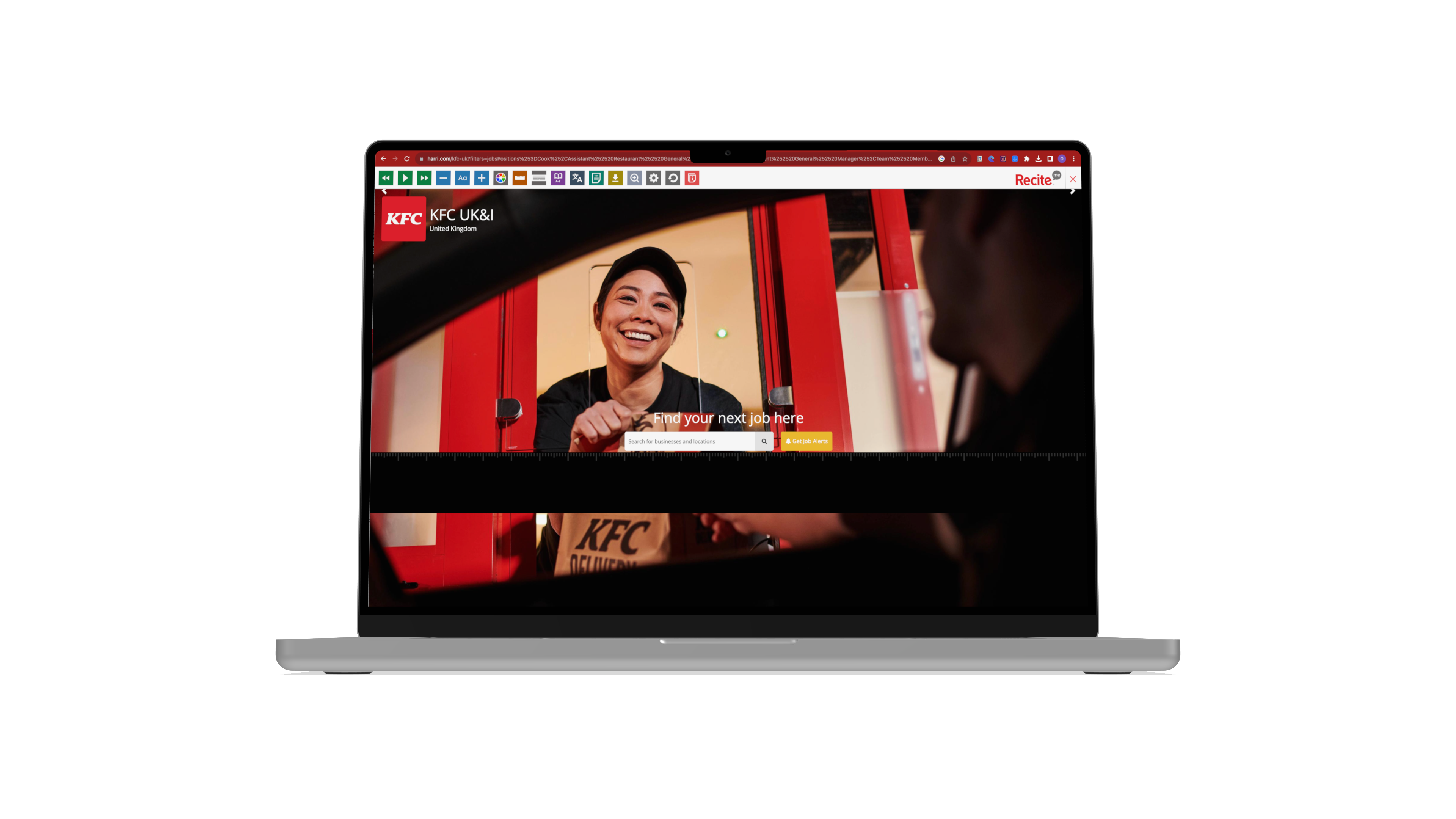 Mock-up of the Recite Me toolbar being used on the KFC website