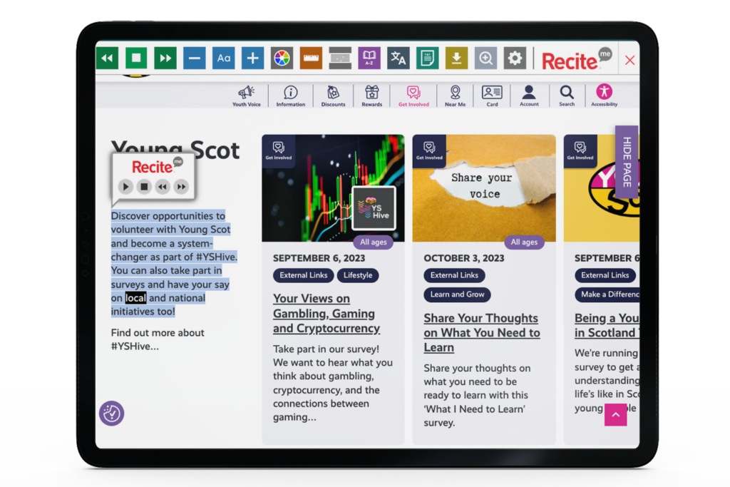 mock-up of the Recite Me toolbar being used on the Young Scot website