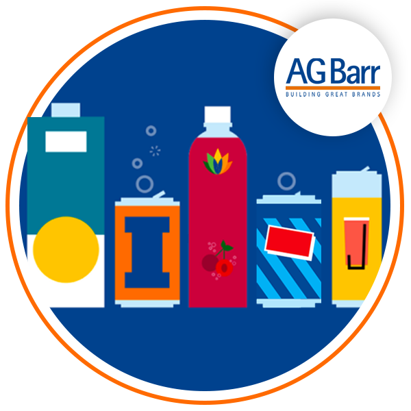 Cartoon version of various drinks bottles and cans, AG barr logo in top right corner