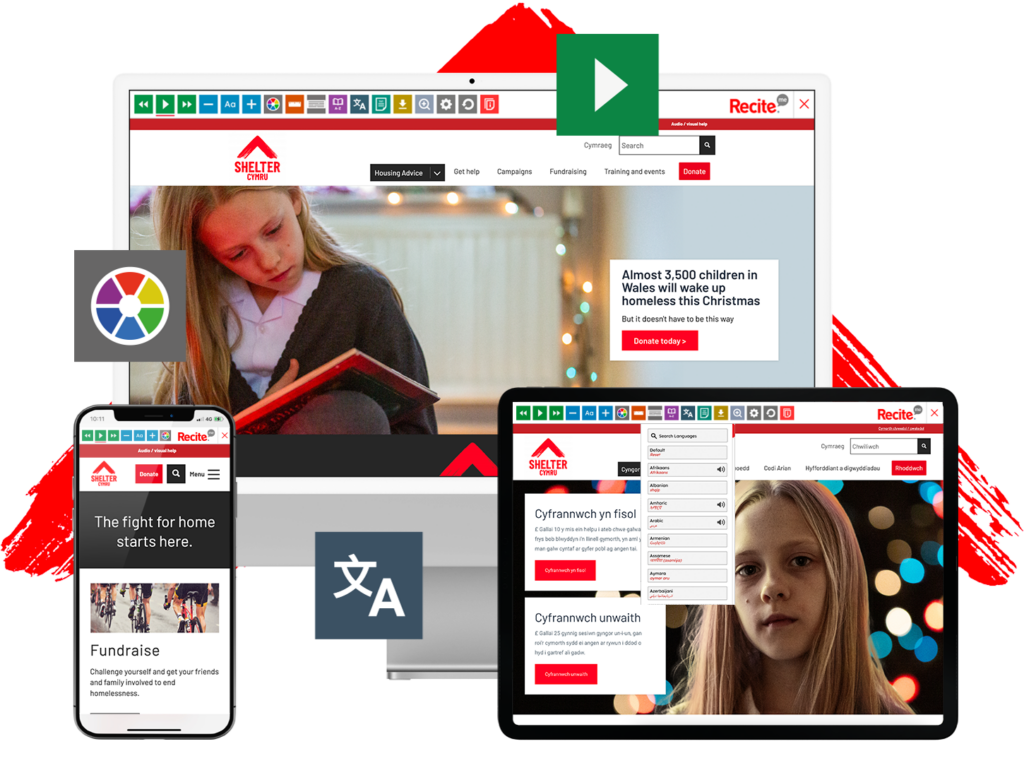 Mock up of the Recite Me toolbar being used on the Shelter Cymru website