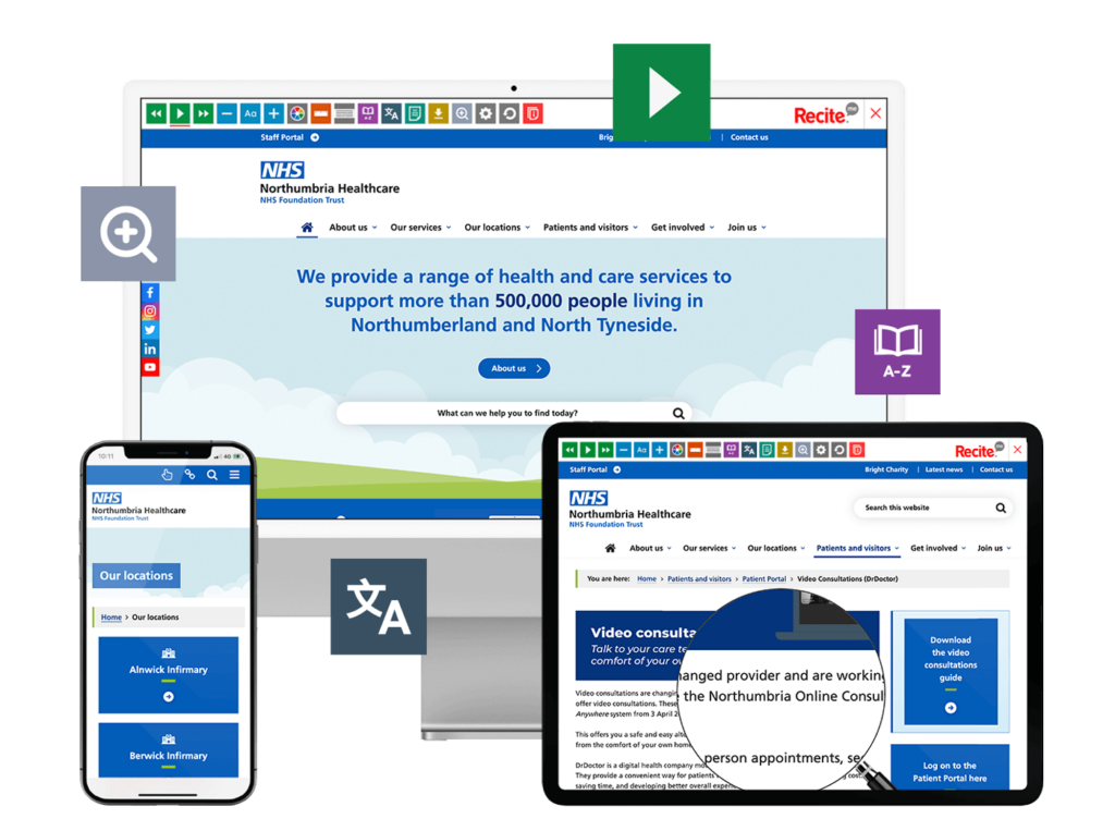 Mock-up of the Recite Me toolbar being used on the Northumbria Healthcare NHS Foundation website