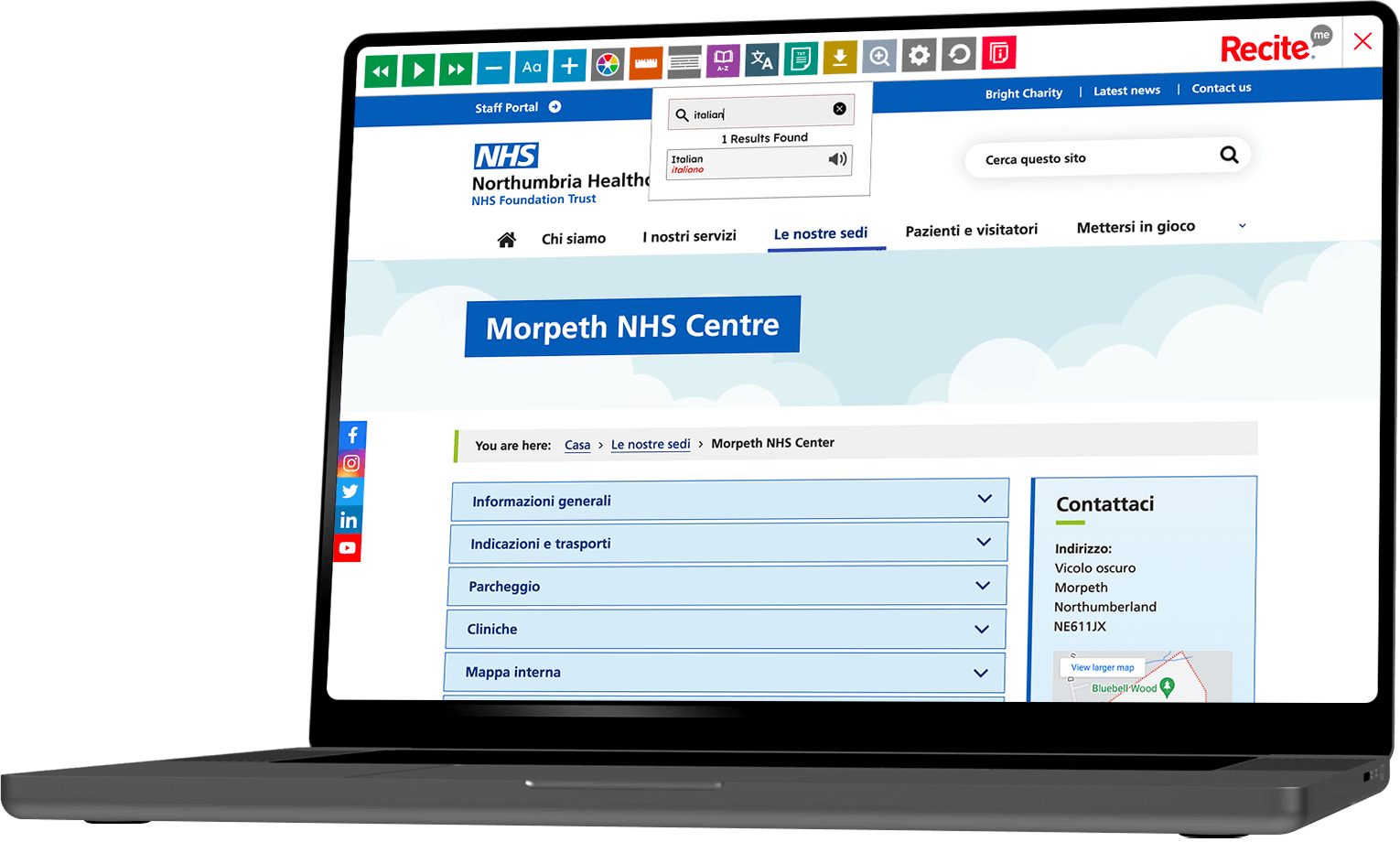 Mock-up of the Recite Me toolbar being used on the Northumbria Healthcare NHS Foundation Trust website.