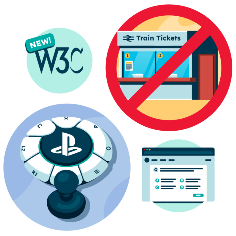 A collection of circles which are coloured and have images in them relating to the top accessibility stories of 2023 blog. These image include a PS5 accessibility controller, the WCAG logo, a railway ticket office and a digital exam.