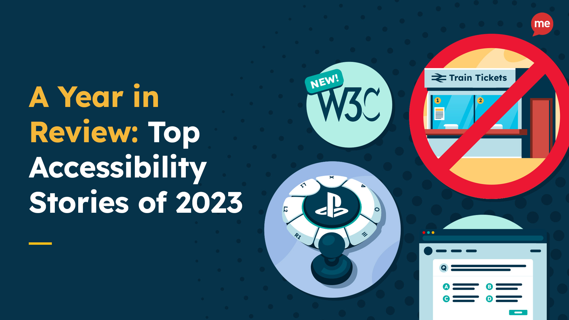A thumbnail which reads "A Year in Review: Top Accessibility Stories of 2023" in front of a navy background. The text is surrounded by images related to the blog such as a ticket office & a accessibility controller and the WCAG logo.