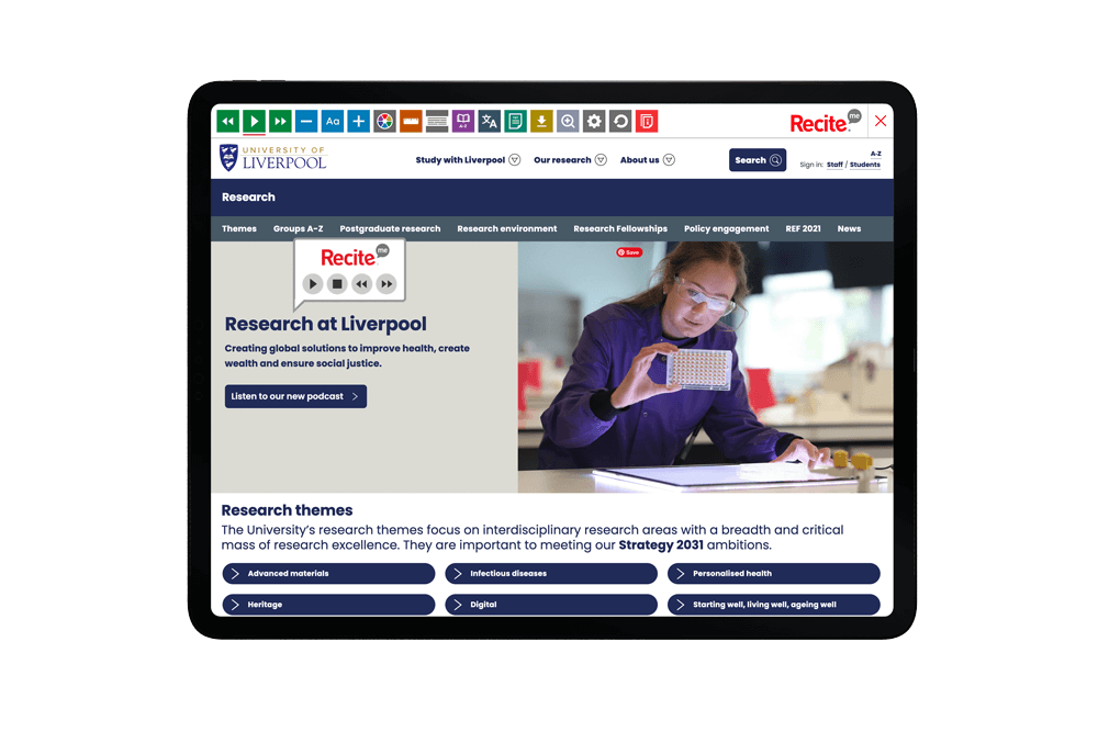 Mock-up of the Recite Me website being used on the University of Liverpool website