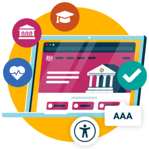 illustration of public sector website surrounded by accessibility and public sector icons