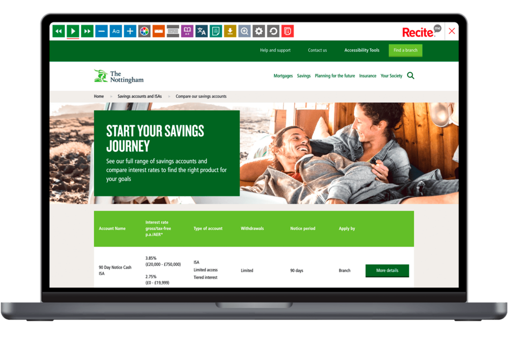 Mock-up of the Recite Me toolbar being used on the Nottingham Building Society website