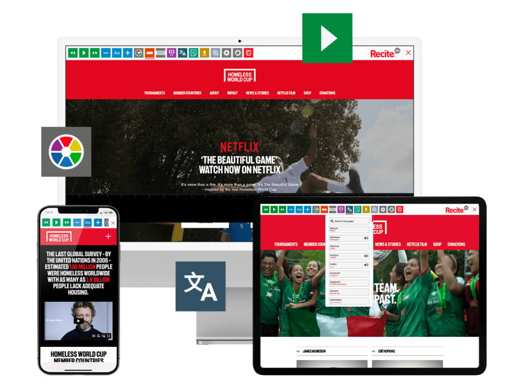Mock-up of the Recite Me toolbar being used on the Homeless World Cup website