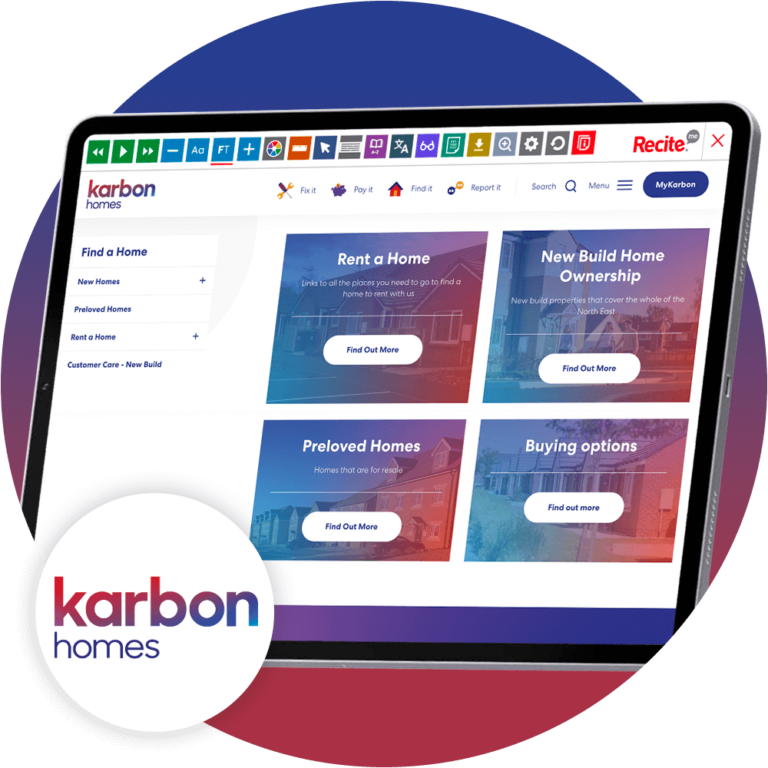 Mock-up of the Recite Me toolbar being used on the Karbon Homes website.