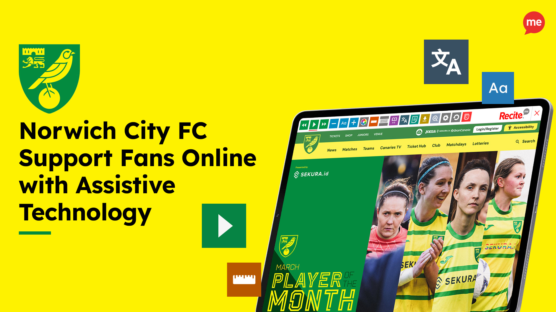 Norwich City FC Support Fans Online with Assistive Technology. Mock-up of the Recite Me toolbar being used on the Norwich City FC website