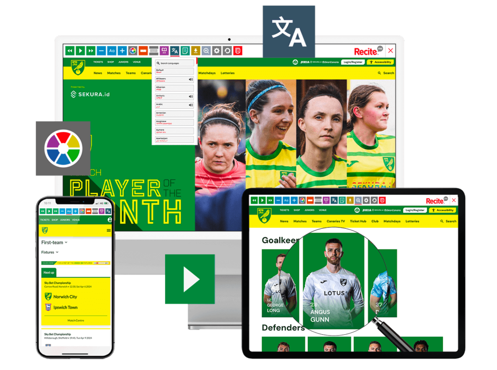 Mock up of the Recite Me toolbar being used on the Norwich FC website