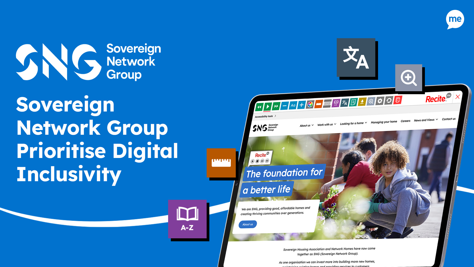 SNG (Sovereign Network Group) Prioritise Digital Inclusivity. Mock-up of the Recite Me toolbar being used on the SNG website.