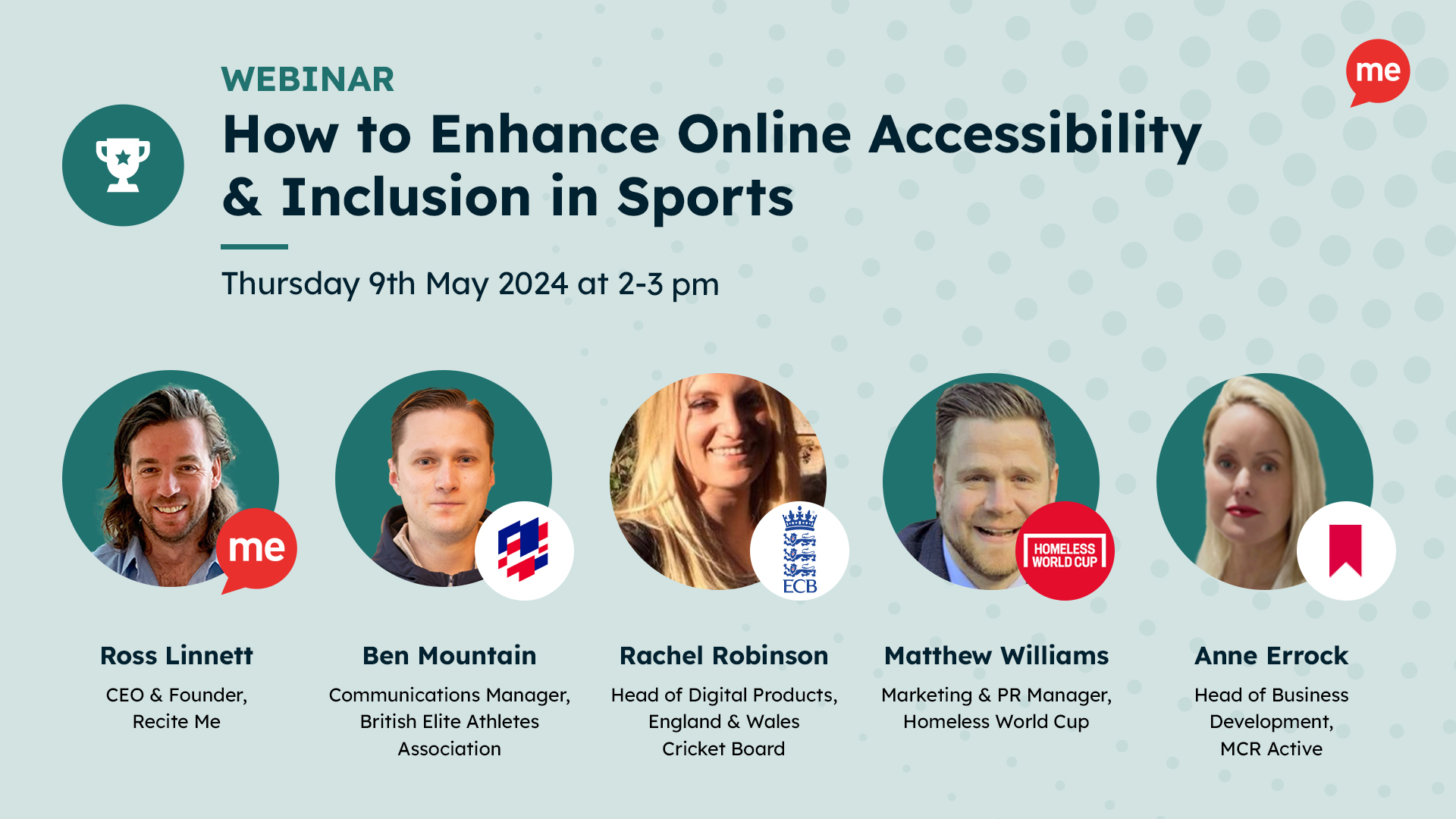 image shows headshots of the webinar panel and title reads Webinar: How to Enhance Online Accessibility & Inclusion in Sports