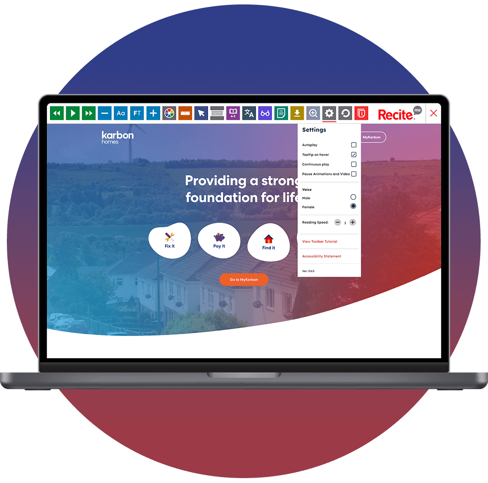 Mock-up of the Recite Me toolbar being used on the Karbon Homes website.