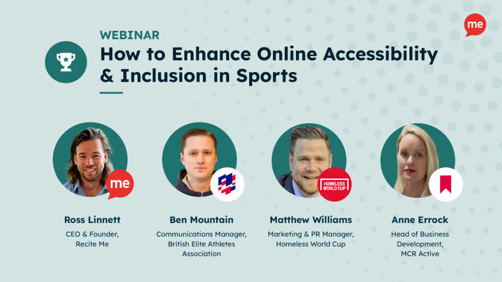 image shows headshots of the webinar panel and title reads Webinar: How to Enhance Online Accessibility & Inclusion in Sports