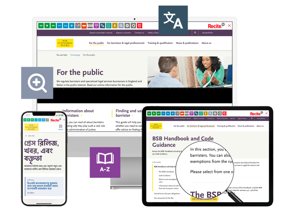 Mock-up of the Recite Me toolbar being used on the Bar Standards Board website