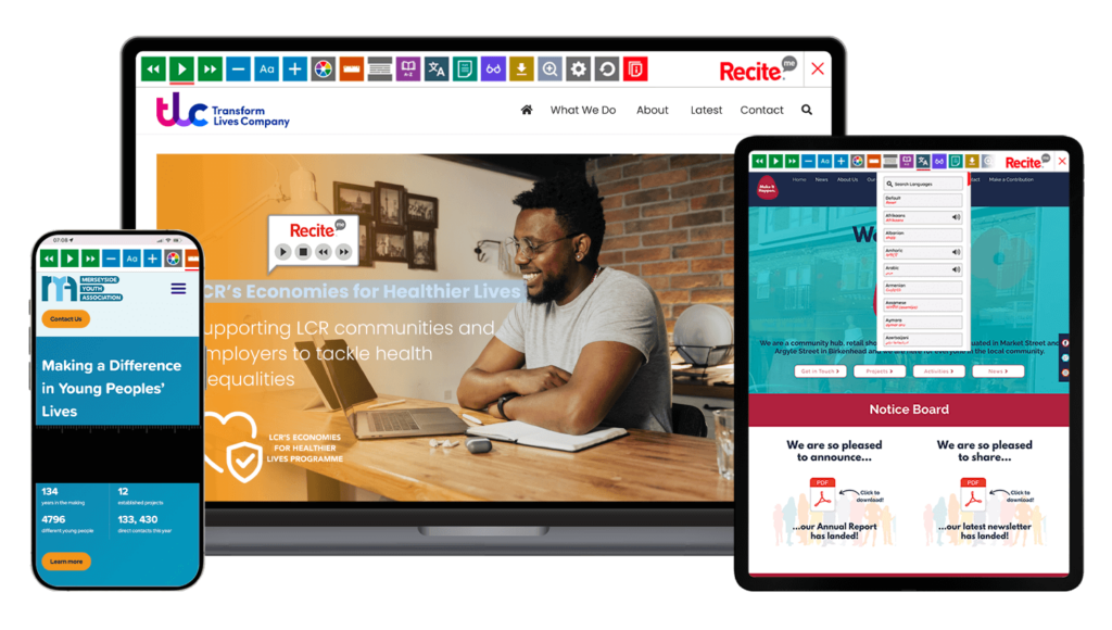 Mock-up of Recite Me being used on various Liverpool City Region websites