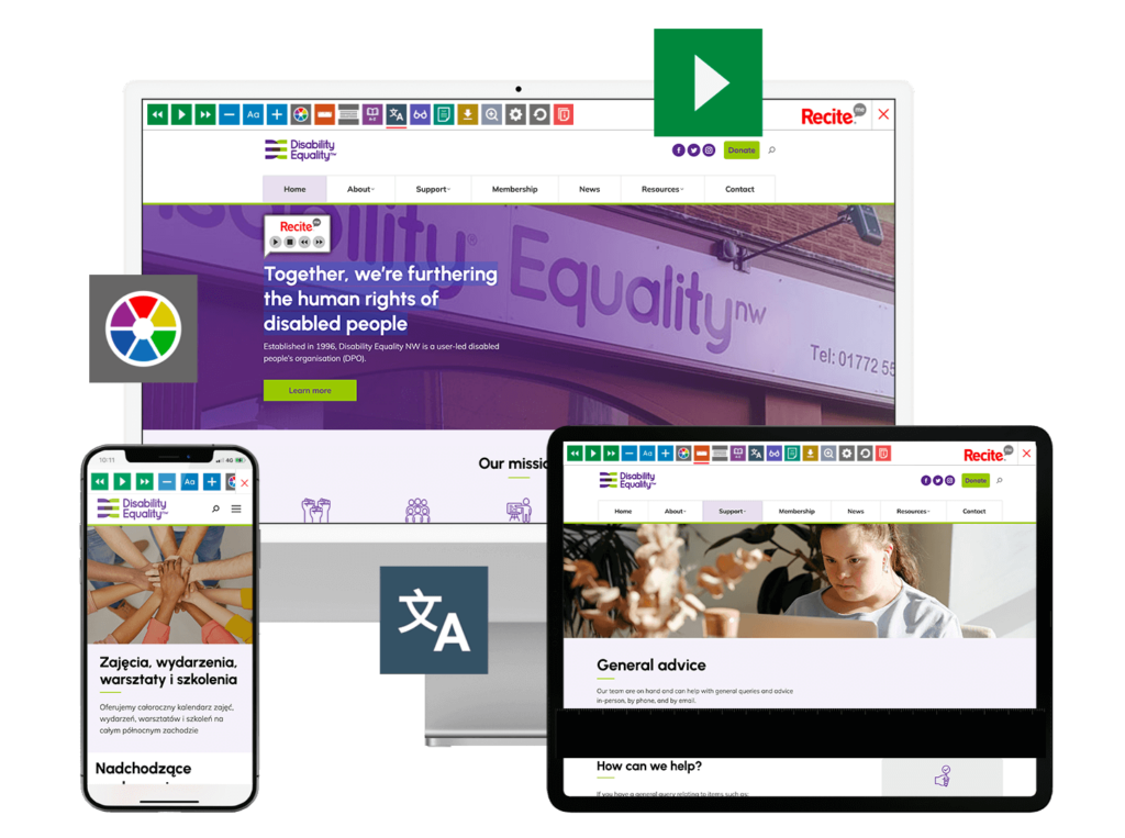 Mock-up of the Recite Me toolbar being used on the Disability Equality North West website