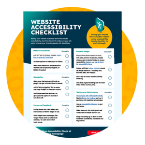 Circular graphic showing a ‘Website Accessibility Checklist’ with sections for Media Accessibility, Navigation, Forms and Feedback, Content Design, and Testing and Maintenance. Each section has short tips and checkboxes to mark tasks as complete.