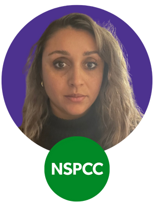 Headshot of Rebecca smiling into the camera and the NSPCC logo