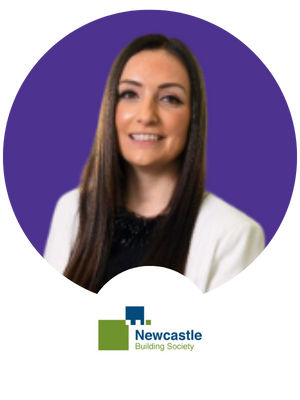 Headshot of Jennie smiling into the camera and the Newcastle Building Society logo
