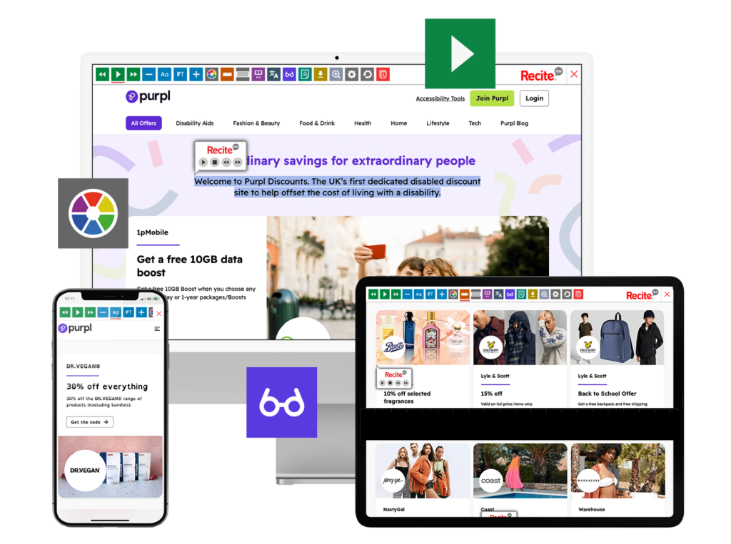 Mock-up of the Recite Me toolbar being used on the Purpl Discounts website