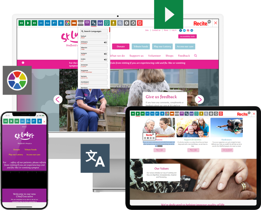 Mock-up of the Recite Me toolbar being used on the St Luke's Hospice website.