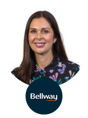 Headshot of heidi smiling into the camera with bellway homes logo at the bottom