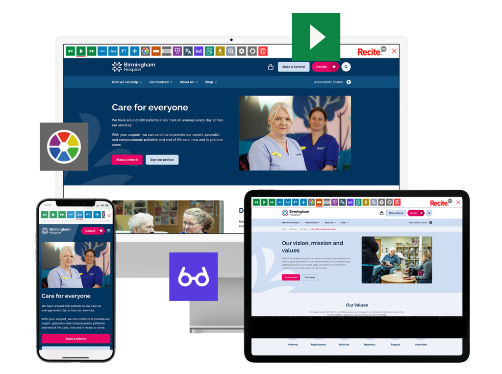 Mock-up of the Recite Me toolbar being used on the Birmingham Hospice website