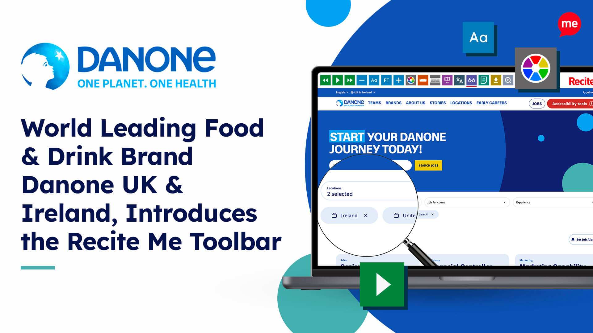 World Leading Food & Drink Brand Danone UK & Ireland, Introduces the Recite Me Toolbar. Image shows the Recite Me toolbar being used on the Danone website.