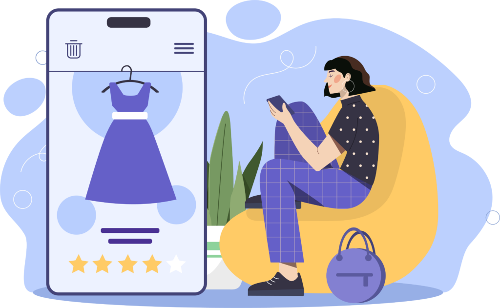 ecommerce illustration of woman sitting on mobile phone doing clothes shopping