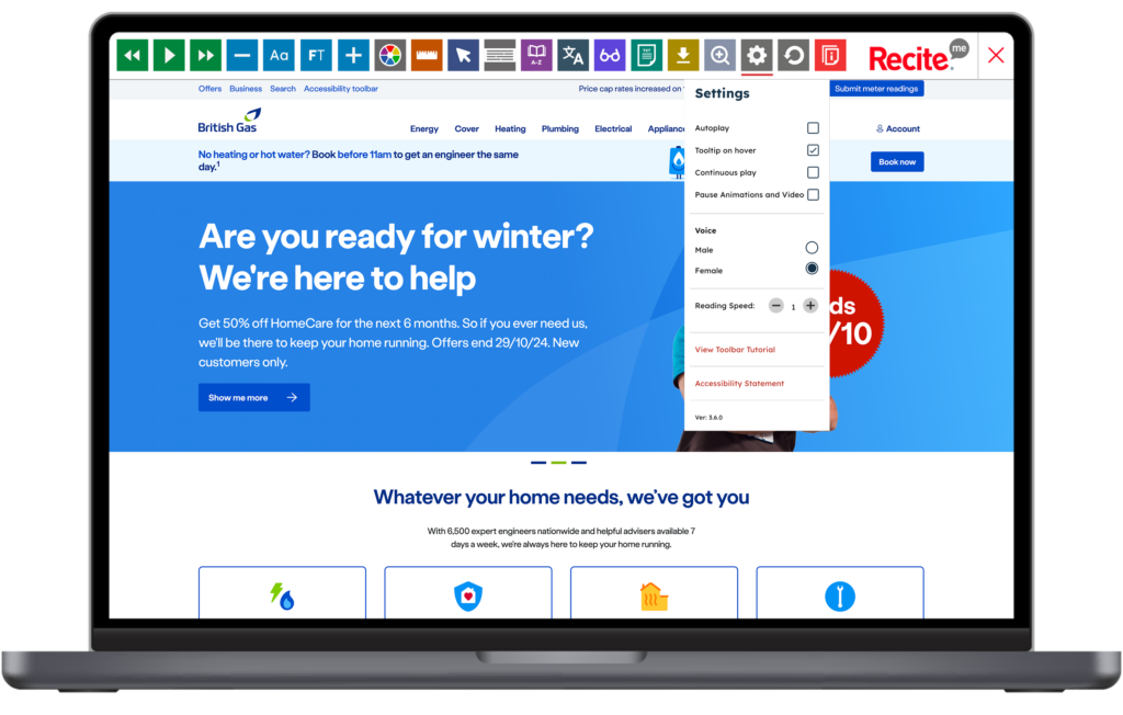 Mock-up of the Recite Me toolbar being used on the British Gas website.