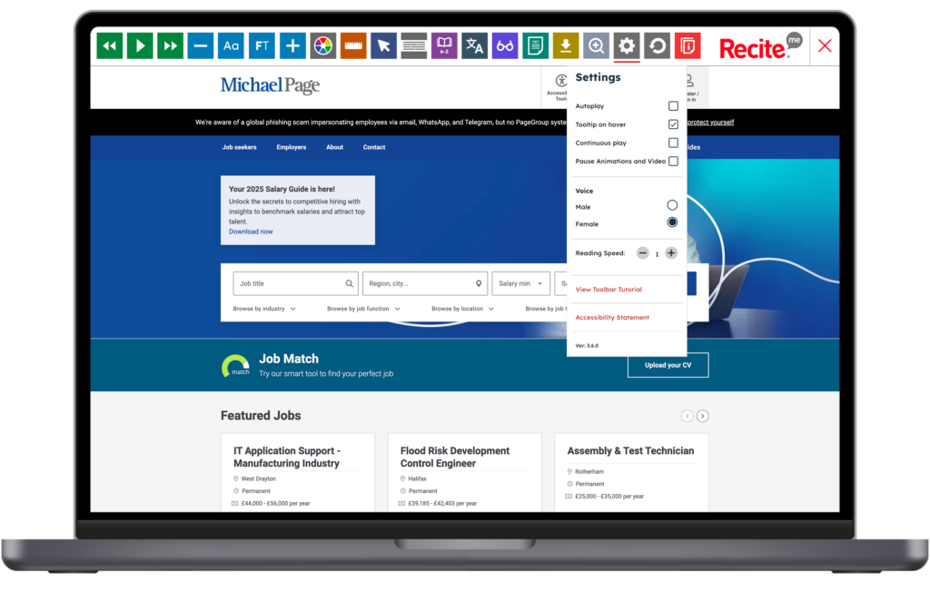 Mock-up of the Recite Me toolbar being used on the Michael Page website