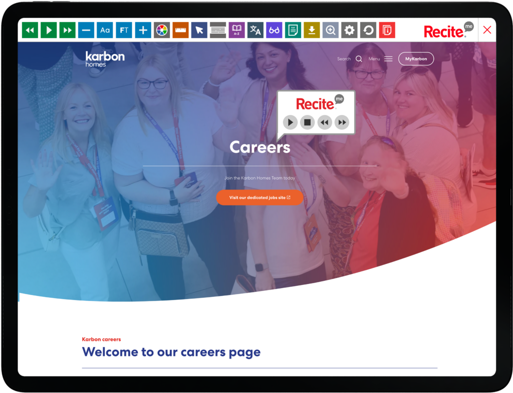 Mock-up of the Recite Me toolbar being used on the Karbon Homes website.