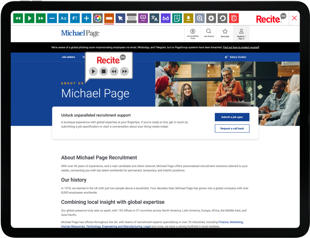 Mock-up of the Recite Me toolbar being used on the Michael Page website