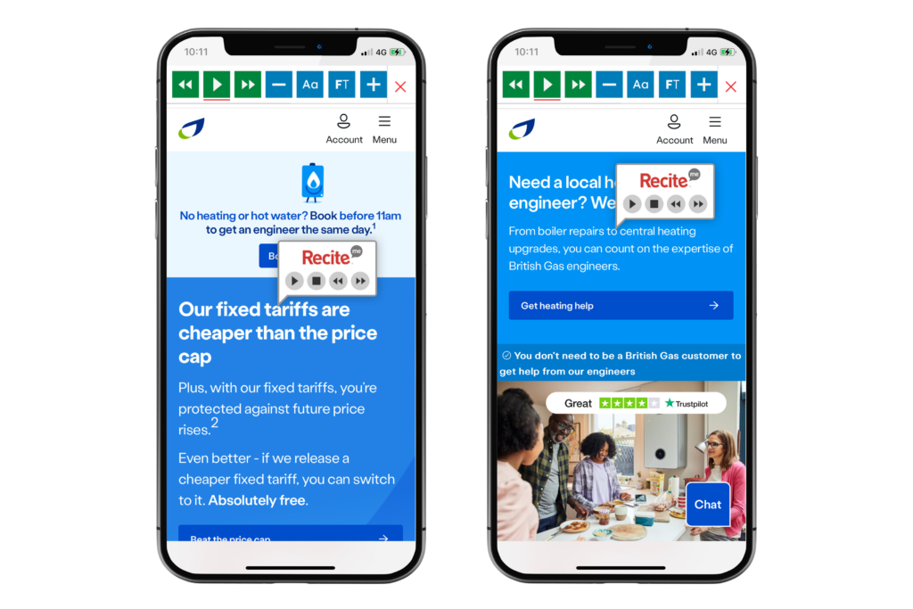 Mock-up of the Recite Me toolbar being used on the British Gas website.