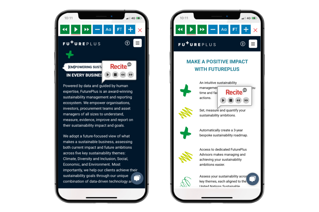 Mock-up of the Recite Me toolbar being used on the FuturePlus website