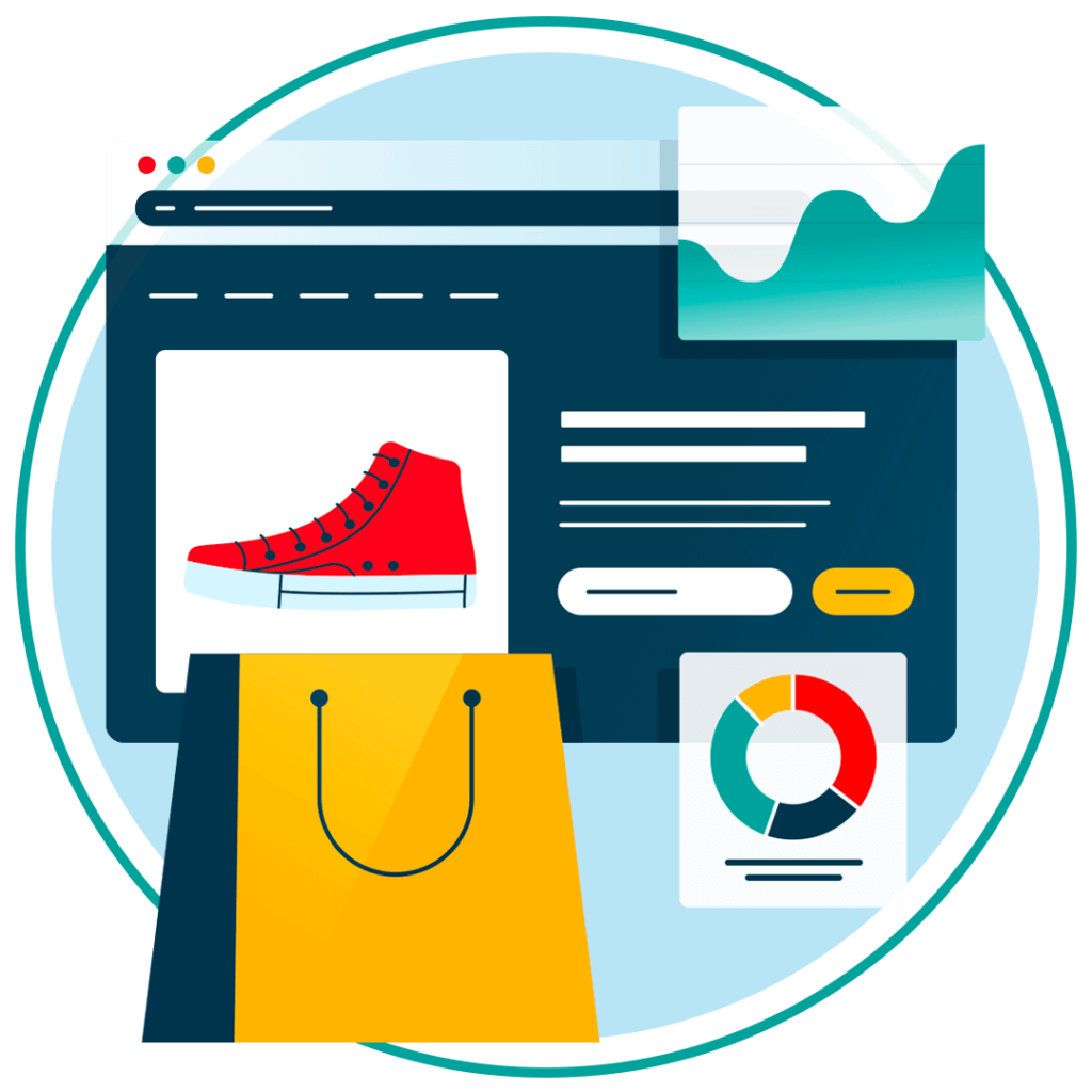 Image shows ecommerce webpage with a shopping bag and graph around it