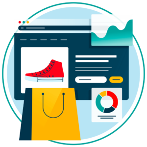 Image shows ecommerce webpage with a shopping bag and graph around it