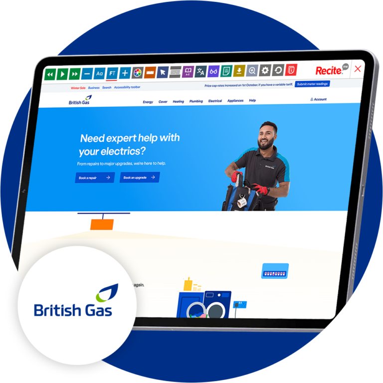 Mock-up of the Recite Me toolbar being used on the British Gas website.