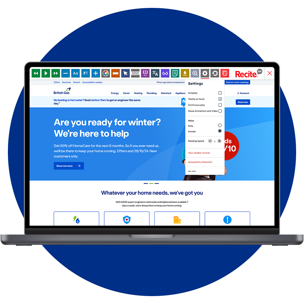 Mock-up of the Recite Me toolbar being used on the British Gas website.