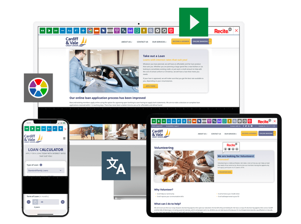 Mock-up of the Recite Me toolbar being used on the Cardiff and Vale Credit Union website.