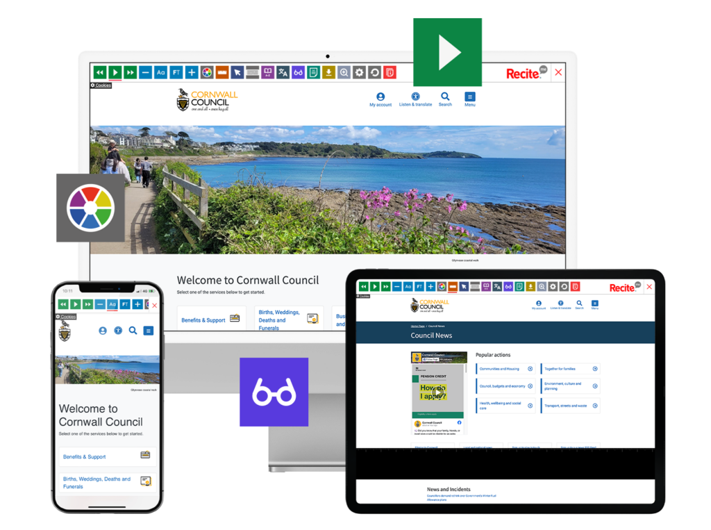 Mock-up of the Recite Me toolbar being used on the Cornwall Council website.
