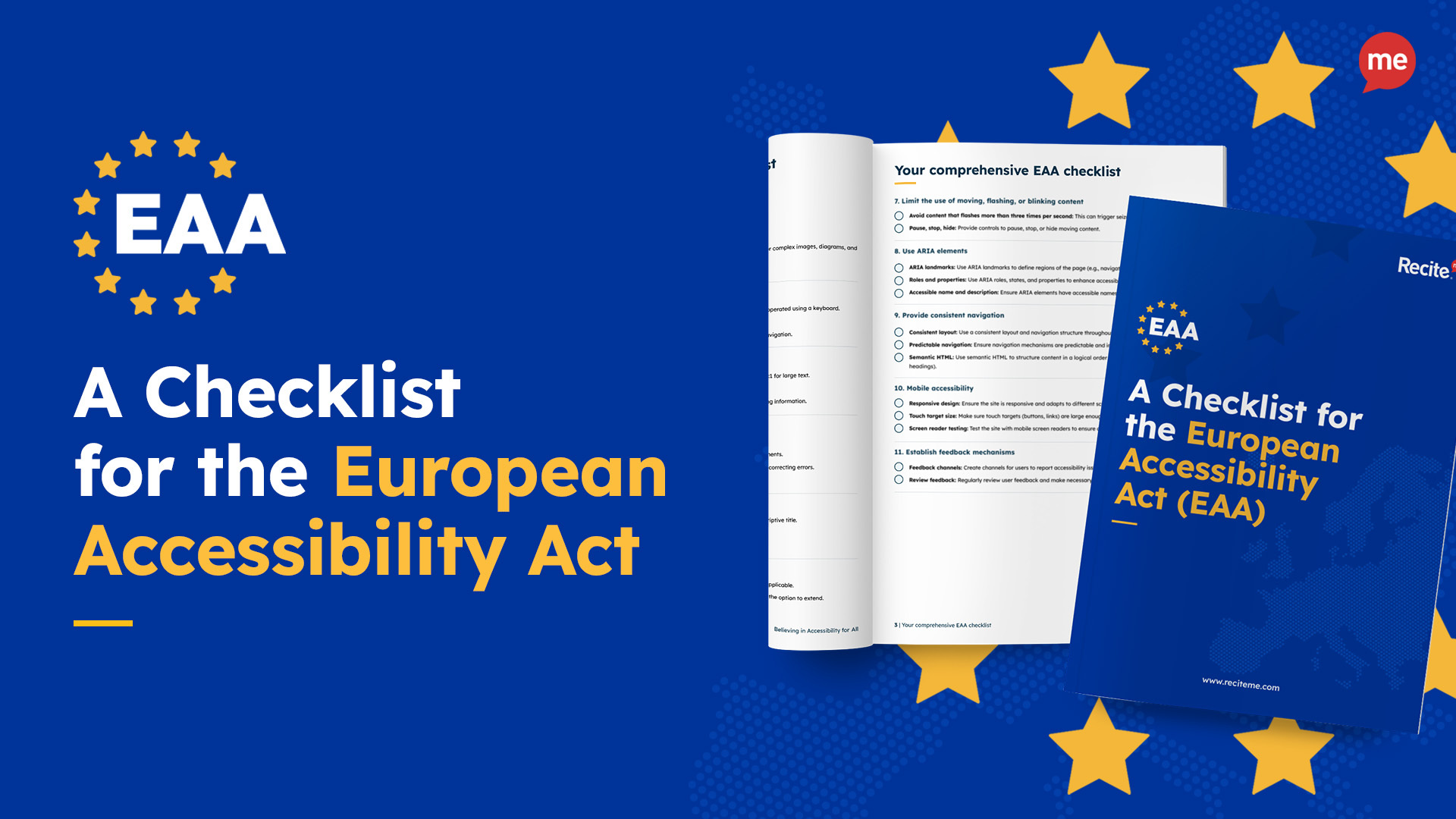 An image promoting a checklist for the European Accessibility Act (EAA). The background is blue with yellow stars resembling the European Union flag. On the left, the text reads 'A Checklist for the European Accessibility Act (EAA)'. To the right, a digital booklet is displayed, open to a checklist page, showing a variety of accessibility guidelines.