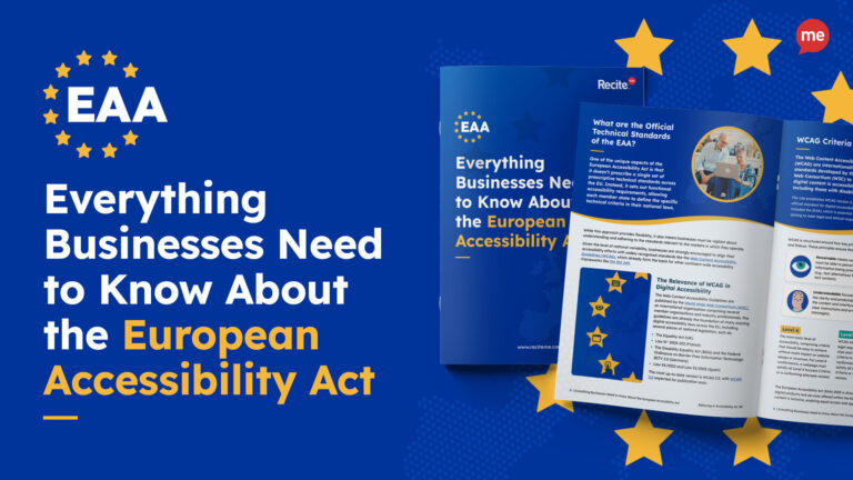 An image promoting a checklist for the European Accessibility Act (EAA). The background is blue with yellow stars resembling the European Union flag. On the left, the text reads 'Everything Businesses Need to Know about the EAA'. To the right, a digital booklet is displayed, opened to pages that explain the technical standards of the EAA and the relevance of WCAG in digital accessibility.